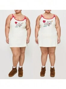 Women Plus Size Heart Bow Print Spaghetti Strap Sleeveless Cami Dresses - White - View 3