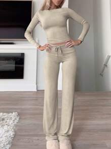 GAOVOT 女士两件套春夏 Y2K 运动休闲家居纯色修身长袖T恤和抽绳长裤套装 - 淺卡其 - 查看 1