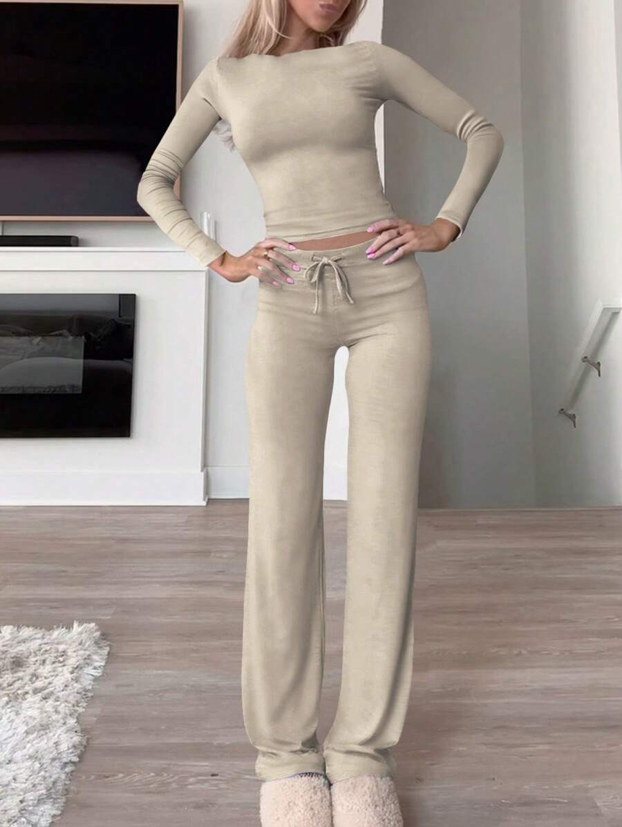 GAOVOT 女士两件套春夏 Y2K 运动休闲家居纯色修身长袖T恤和抽绳长裤套装 - 淺卡其 - 查看 1