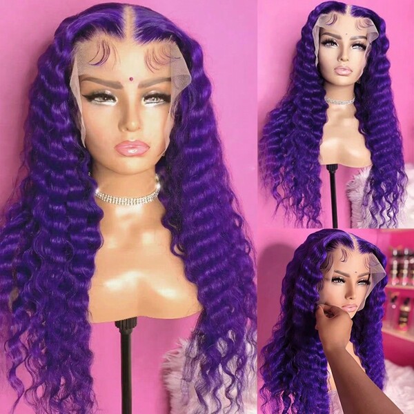 Gorgeous Blue Colored Loose Curly Lace Front Wigs Pre Plucked Long Water Wave Wigs Glueless Loose Curls Wig Heat Resistant Dark Blue Loose Curly Wave Synthetic Lace Front Wigs For Women For Daily Christmas Party Cosplay Use