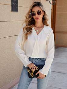 Blusa casual da donna a tinta unita con scollo a V e maniche lunghe - Albicocca - Visualizzare 4