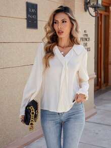 Blusa casual da donna a tinta unita con scollo a V e maniche lunghe - Albicocca - Visualizzare 6