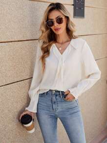 Blusa casual da donna a tinta unita con scollo a V e maniche lunghe - Albicocca - Visualizzare 1