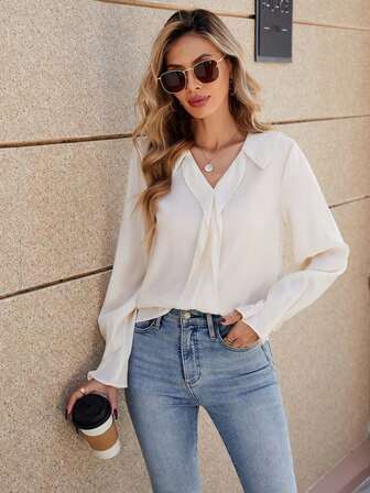 女士纯色 V 领长袖休闲衬衫