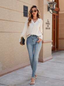 Blusa casual da donna a tinta unita con scollo a V e maniche lunghe - Albicocca - Visualizzare 5