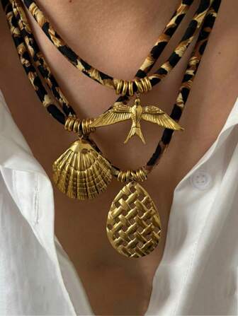 1 件时尚冬季尼龙豹纹印花绳，带各种吊坠设计（心形、吊牌、贝壳、鱼）个性项链，适合情人节、妈妈、母亲、母亲节、礼物