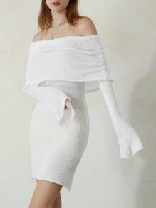 Women Bodycon Knitted Dress Boat Neck Off Shoulder Long Sleeve Casual Fuzzy Short Dress - White - View 6