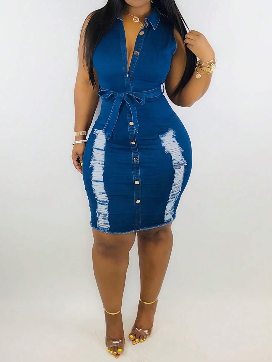Sleeveless Button-Up Denim Dress For Women – High-Waisted Slim Fit Design With Distressed Details, Vintage Retro Style, Perfect For Casual Outings, Date Nights, Or Summer Events, Stylish And Comfortable Fashion Piece For Your Wardrobe - 深色水洗藍 - 查看 1