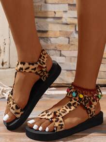 女士彩色印花平底凉鞋，休闲露趾图案鞋，轻便户外沙滩凉鞋，夏季