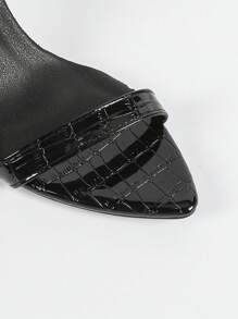 planare Dames Pure Zwarte Krokodillenreliëf Smalle Enkele Band Puntige Neus Stiletto Hoge Hak Sandalen, Met Verstelbare Enkelband En Grote Zwarte Rozenbloemdecoratie, Sexy Blotevoeten Stijl Hoge Hakken Geschikt Voor Feest, Bruiloft, Dinerdate, Dans, Kantoor, Dagelijkse Kleding En Formele Gelegenheden, Stabiele En Gemakkelijk Te Belopen Zomer Hoge Hakken, Passend Bij Avondjurken Of Feestoutfits (Bloemplaatsing Is Asymmetrisch)