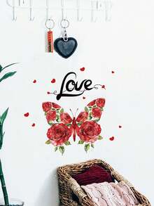 Valentines Day Decorations Vinyl Decal, Valentine Wall Stickers For Room Decoration, 1pc PVC Material Rose Butterfly LOVE Romantic Affection Couple Sticker, Wall Art, Posters, Vintage For Valentine's Day, Wedding - Multicolor - View 2