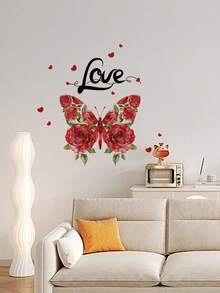 Valentines Day Decorations Vinyl Decal, Valentine Wall Stickers For Room Decoration, 1pc PVC Material Rose Butterfly LOVE Romantic Affection Couple Sticker, Wall Art, Posters, Vintage For Valentine's Day, Wedding - Multicolor - View 10