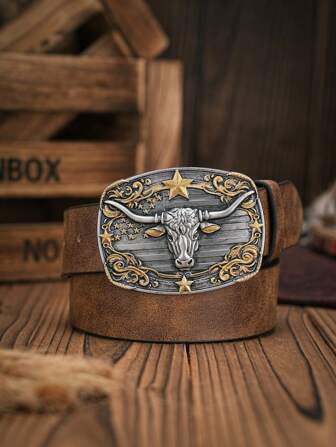 1pc Men's Bohemian Western Cowboy Style Steer Head Embossed Buckle Retro Camel PU Leather Belt Summer, School Fall, Autumn, Halloween Autumn-Winter Accessories,Suitable For Teens, Youth,Men,Casual, Outdoor, Athletic, Vacation, Graduation Gifts, Birthday, Daily Wear
