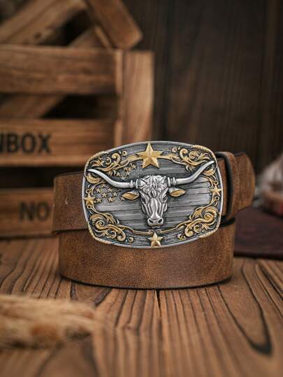 1pc Men's Bohemian Western Cowboy Style Steer Head Embossed Buckle Retro Camel PU Leather Belt Summer, School Fall, Autumn, Halloween Autumn-Winter Accessories,Suitable For Teens, Youth,Men,Casual, Outdoor, Athletic, Vacation, Graduation Gifts, Birthday, Daily Wear