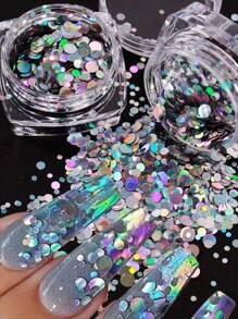 1 hộp nghệ thuật làm móng tay kim sa tròn trang trí chấm bi thiết kế vảy kim tuyến ba chiều tự làm phụ kiện trang trí móng tay đá quý làm móng - Bạc - Xem 1