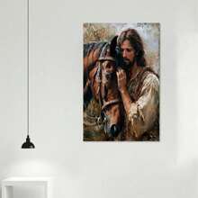 Rustic Charm Canvas Art - Vibrant Jesus & Horse Print On Wooden Frame, Ready-To-Hang Wall Decor For Living Room, Bedroom, Office, And Kitchen With Distressed Finish And Nature-Inspired Design
