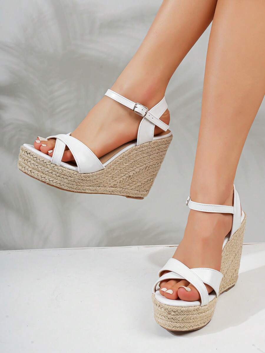 Nuevas sandalias de plataforma con suela de yute para mujer, elegantes y de moda, cómodas y versátiles para vacaciones - Blanco - Ver 1