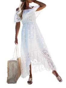 Women's Boho Maxi Dress Lace Tassel V-Neck Flare Ruffle Fringed Beach Summer Dresses Elegent Off Shoulder Beach Dress - 白色 - 查看 6