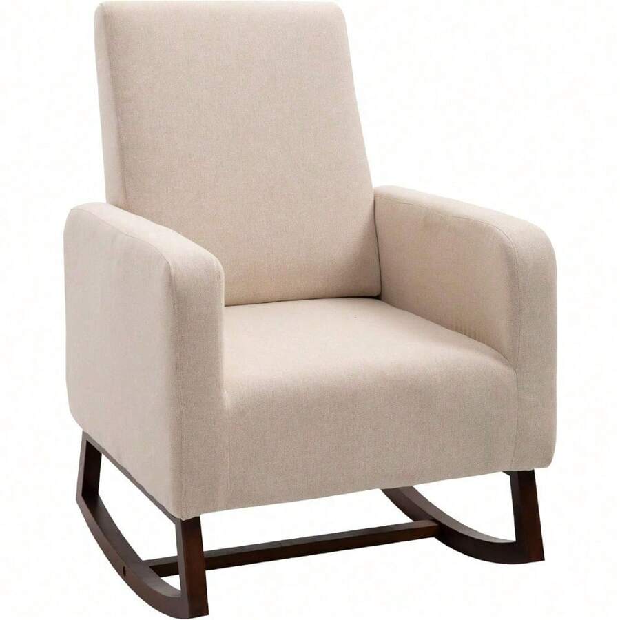 HOMCOM Accent Lounge Rocking Chair With Solid Curved Wood Base And Linen Padded Seat, Cream White - 奶油白 - 查看 1