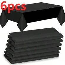 6 Pieces Elegant Disposable Black Tablecloth, Machine Woven, Perfect For Weddings, Bridal Showers, Birthdays, And General Gatherings. Easy To Clean Indoor Plastic Cover