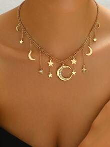 1 Pc New Arrival Creative Simple Star & Moon Design Tassel Necklace