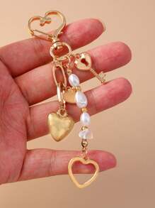 创意包包吊坠月亮星星海星钥匙扣时尚钥匙仿珍珠串珠爱心钥匙圈背包吊坠情人节 - 金色 - 查看 8