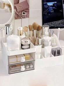 白色抽屉式化妆品收纳盒，桌面收纳盒，可存放化妆品、护肤品、口红、笔、刷子、指甲油、香水等，适用于电脑桌、梳妆台、浴室置物架。 - 白色 - 查看 3