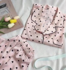 Women's Pajama Set, Satin Premium Feeling Pajamas, Lapel Heart All Over Print Women's Pajamas, Comfortable Skinny Women's Pajamas - Perfect Gift For Her!