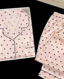 Women's Pajama Set, Satin Premium Feeling Pajamas, Lapel Heart All Over Print Women's Pajamas, Comfortable Skinny Women's Pajamas - Perfect Gift For Her!