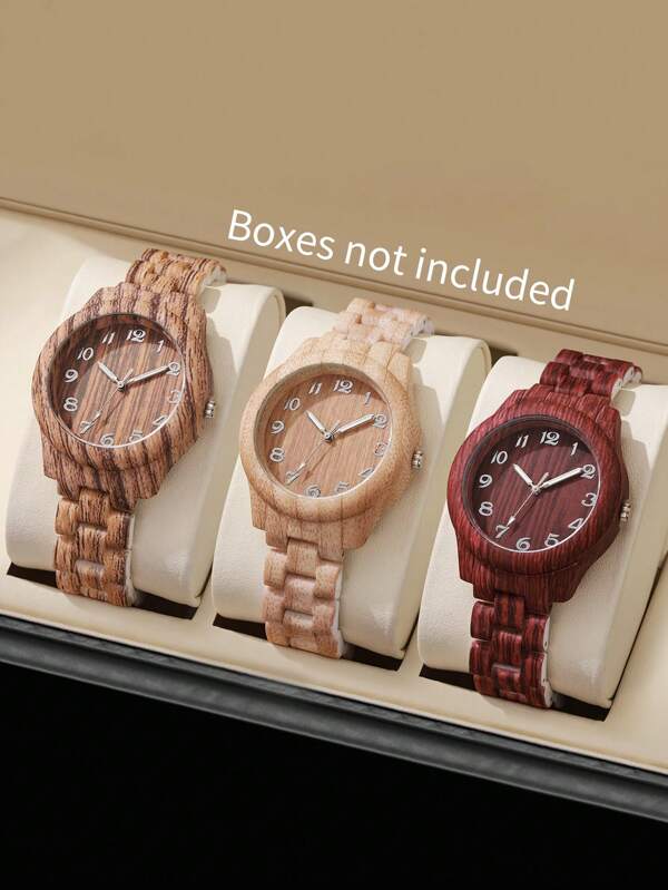 3pcs Set: Brown & Yellow & Red Personalized Creative Wood Grain Women's Quartz With Fashionable Digital Dial Suitable For Gifts, No Watch Box Included