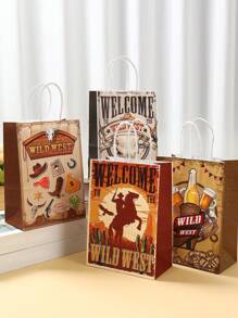 4 件装狂野西部牛仔主题派对礼品牛皮纸袋（带手柄）、狂野西部生日派对礼品包装袋、感谢纸袋、狂野西部派对桌面装饰用品、牛皮纸包装袋、便携式手提零售购物袋、狂野西部生日派对礼品、DIY 礼品包装 - 西部牛仔 - 查看 1