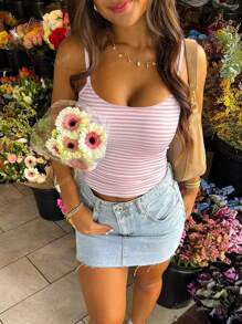 Camiseta sin tirantes de canalé minimalista con rayas para mujer, uso casual diario, sexy