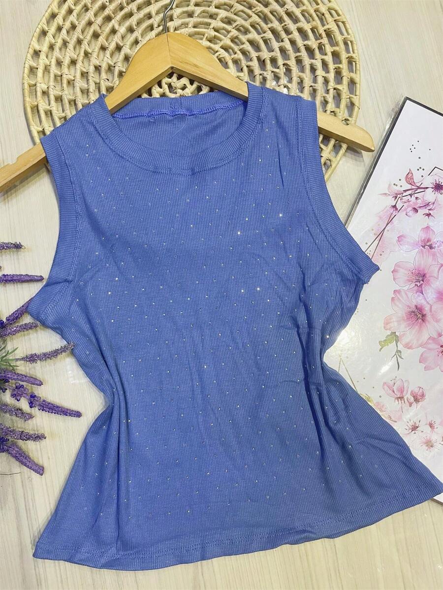 Tank Top Made Of Very Stretchy Cotton Fabric, Front With Sequins - 淺藍色 - 查看 1