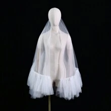 1 Pc Bridal Short Veil With Ruffled Multi-Layer Lace, White, Black Or Nude Tulle Puff For Photo Shoot
