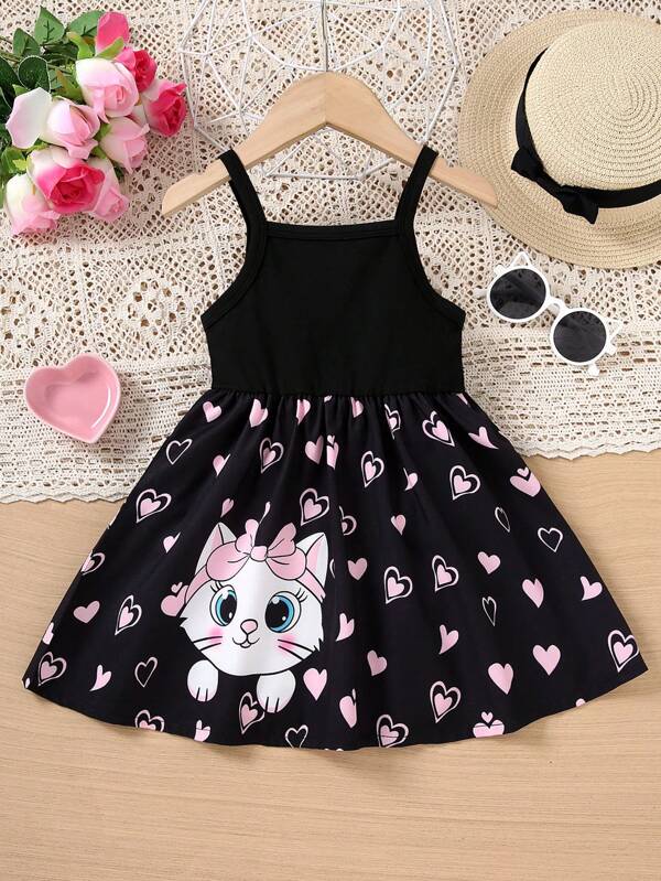 Valentine's Day Heart Print Summer Fashion Baby Girl Cute Kitten Black Strap Dress