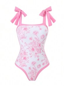 Traje de baño de una pieza con estampado floral de estilo europeo y estadounidense, con control de abdomen y falda de cobertura, para vacaciones, spa, natación, para vacaciones de verano
