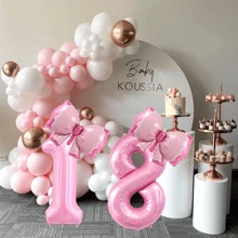 2pcs 32inch Pink Number Balloons With Bowknot , Valentine's Day, Birthday Celebration Decoration, Anniversary And Birthday Party