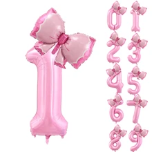 2pcs 32inch Pink Number Balloons With Bowknot , Valentine's Day, Birthday Celebration Decoration, Anniversary And Birthday Party