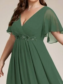 EVERPRETTY 优雅雪纺V领荷叶袖花卉伴娘礼服、正式晚礼服、婚礼宾客礼服 - 綠色 - 查看 6