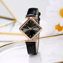 1 件女士优雅时尚菱形合金表壳 PU 皮革表带石英腕表 - 黑色 - 查看 3