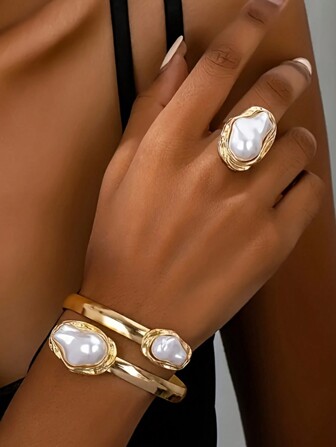 Juego de joyería de 2 piezas con pulsera y anillo asimétricos de perlas, un regalo romántico y elegante para mujeres