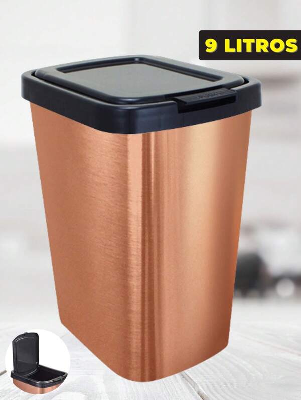 Lixeira 9 Litros Cesto de Lixo Com Tampa Click Rosê Gold Para Cozinha Banheiro Escritório Rattan Reforçada