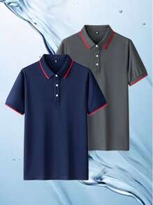 2 件套男士夏季商务休闲 POLO 衫，短袖透气简约领 T 恤