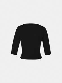 ii Áo croptop ngắn tay cổ tròn màu trơn dành cho nữ, màu đen, kiểu dáng thường ngày, thích hợp cho mùa xuân. - màu đen - Xem 5