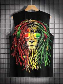 Men's Lion Print Round Neck Sleeveless Tank Top - Black - View 2