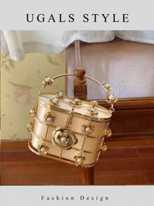 奢华女士新娘婚礼珍珠钱包派对舞会闪亮水钻手包手提包晚宴手拿包水桶包 - 香檳色 - 查看 2