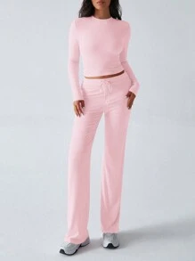 Bộ đồ hai mảnh nữ GAOVOT mùa xuân hè phong cách Y2K thể thao năng động, thường ngày, mặc nhà, màu trơn, gồm áo thun dài tay ôm dáng và quần dài có dây rút. - Màu Hồng baby - Xem 4