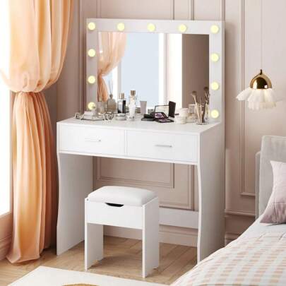 Furniwell Vanity Mirror With Lights Desk And Chair, Makeup Vanity Desk  Vanity Table With Large Storage Drawers And Shelves