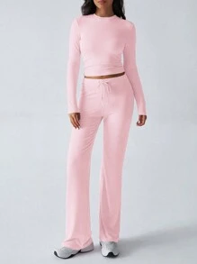 Bộ đồ hai mảnh nữ GAOVOT mùa xuân hè phong cách Y2K thể thao năng động, thường ngày, mặc nhà, màu trơn, gồm áo thun dài tay ôm dáng và quần dài có dây rút. - Màu Hồng baby - Xem 3