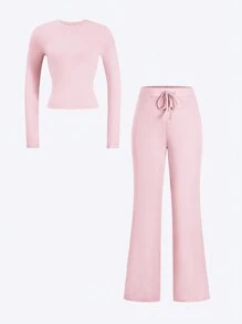 Bộ đồ hai mảnh nữ GAOVOT mùa xuân hè phong cách Y2K thể thao năng động, thường ngày, mặc nhà, màu trơn, gồm áo thun dài tay ôm dáng và quần dài có dây rút. - Màu Hồng baby - Xem 8